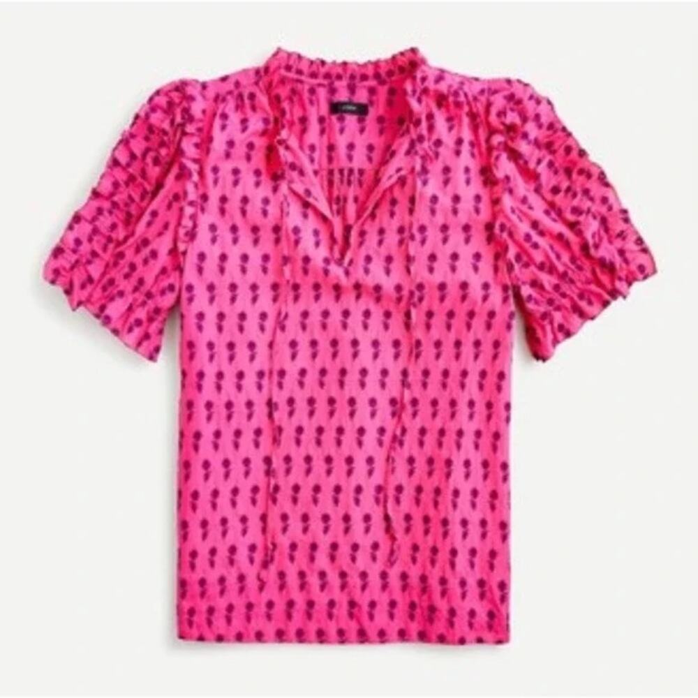 J. Crew Pink and Purple Floral Embroidered Short Puff Sleeve Blouse Size XS